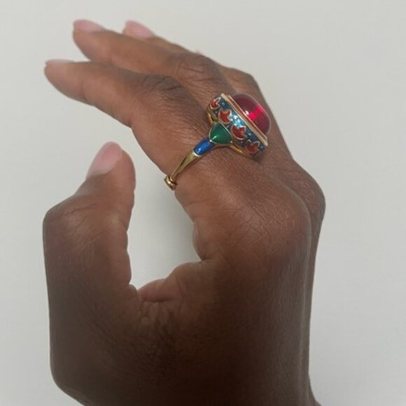 Vintage Style Enamel Flower Ruby Ring - Picture 2 of 5